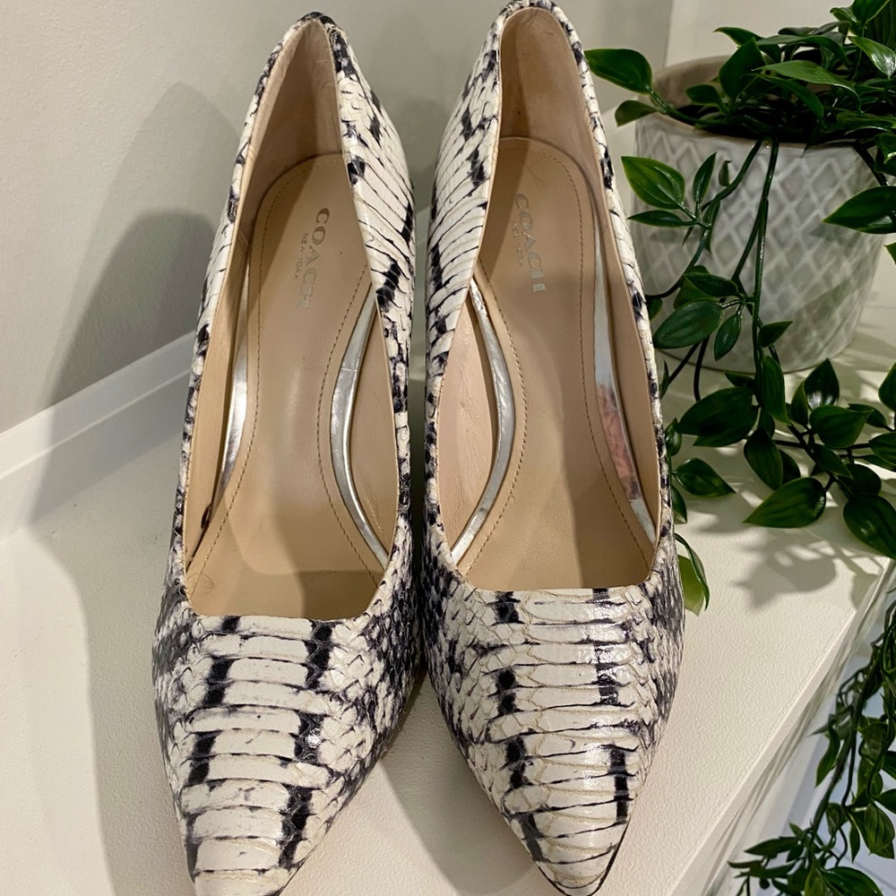 Ok ladies, these are beautiful! Coach snake skin  print 4 inch wedges.